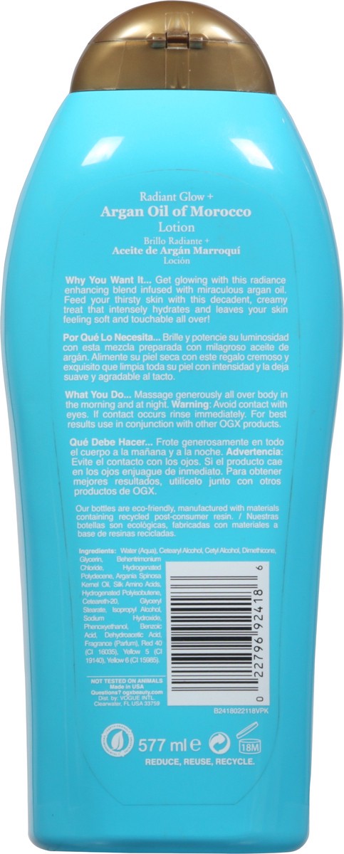 slide 8 of 9, OGX Radiant Glow + Argan Oil of Morocco Extra Hydrating Body Lotion for Dry Skin, Nourishing Creamy Body & Hand Cream for Silky Soft Skin, Paraben-Free, Sulfated-Surfactants Free, 19.5 Ounce, 19.50 fl oz