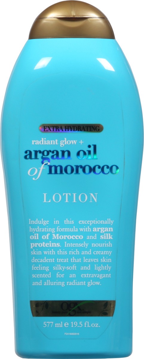 slide 2 of 9, OGX Radiant Glow + Argan Oil of Morocco Extra Hydrating Body Lotion for Dry Skin, Nourishing Creamy Body & Hand Cream for Silky Soft Skin, Paraben-Free, Sulfated-Surfactants Free, 19.5 Ounce, 19.50 fl oz