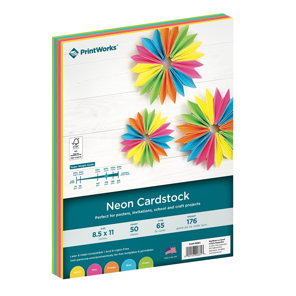 slide 1 of 1, PrintWorks Multi-Colored Cardstock 50 Count - Neon, 8.5 in x 11 in