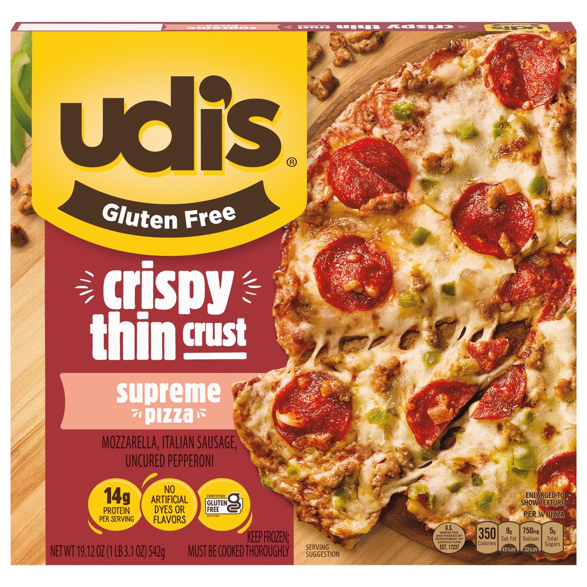 slide 1 of 5, Udi's Gluten Free Crispy Thin Crust Supreme Pizza 19.12 oz, 19.12 oz