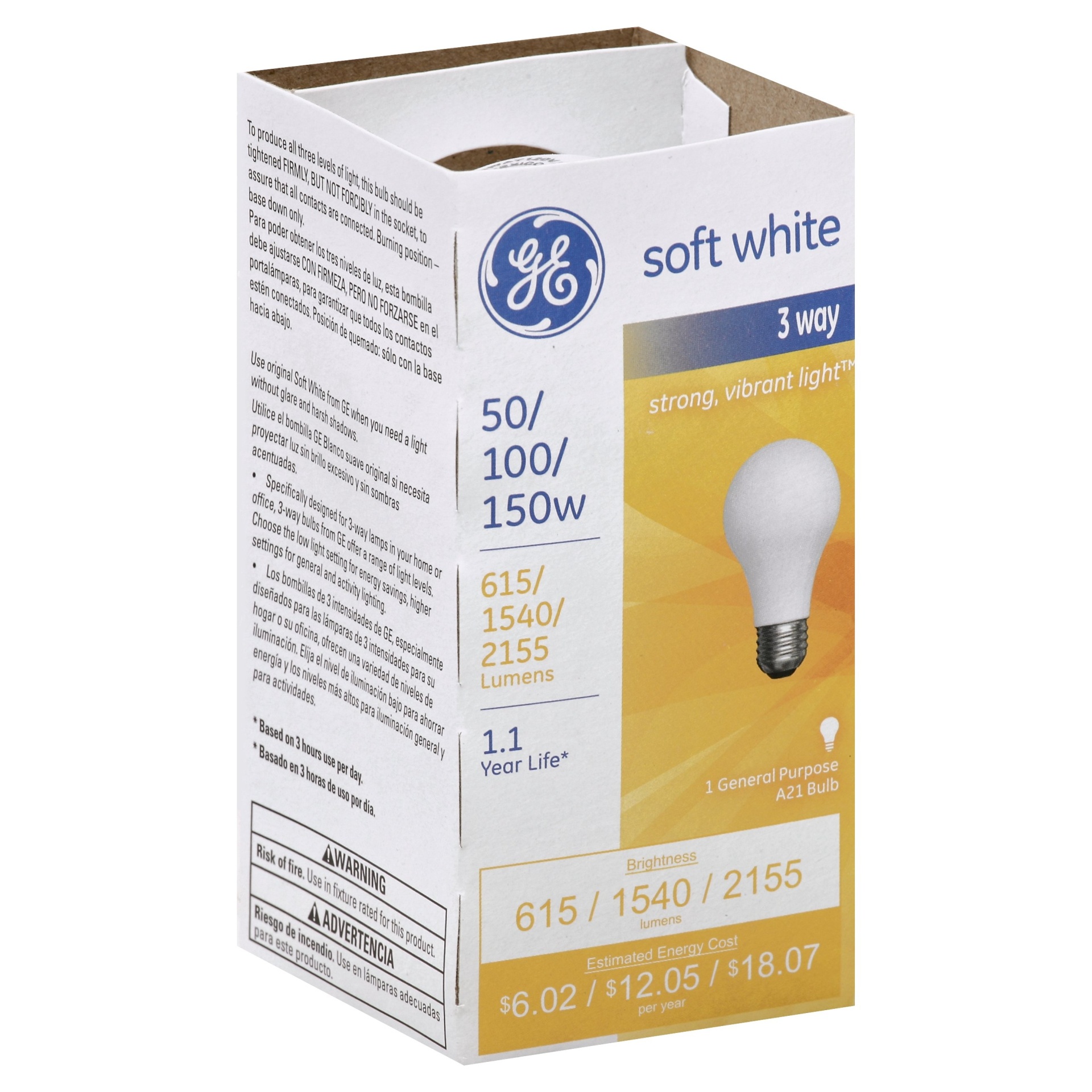 slide 1 of 1, GE Soft White 3 Way General Purpose A21 Bulb 50/100/1500W, 1 ct