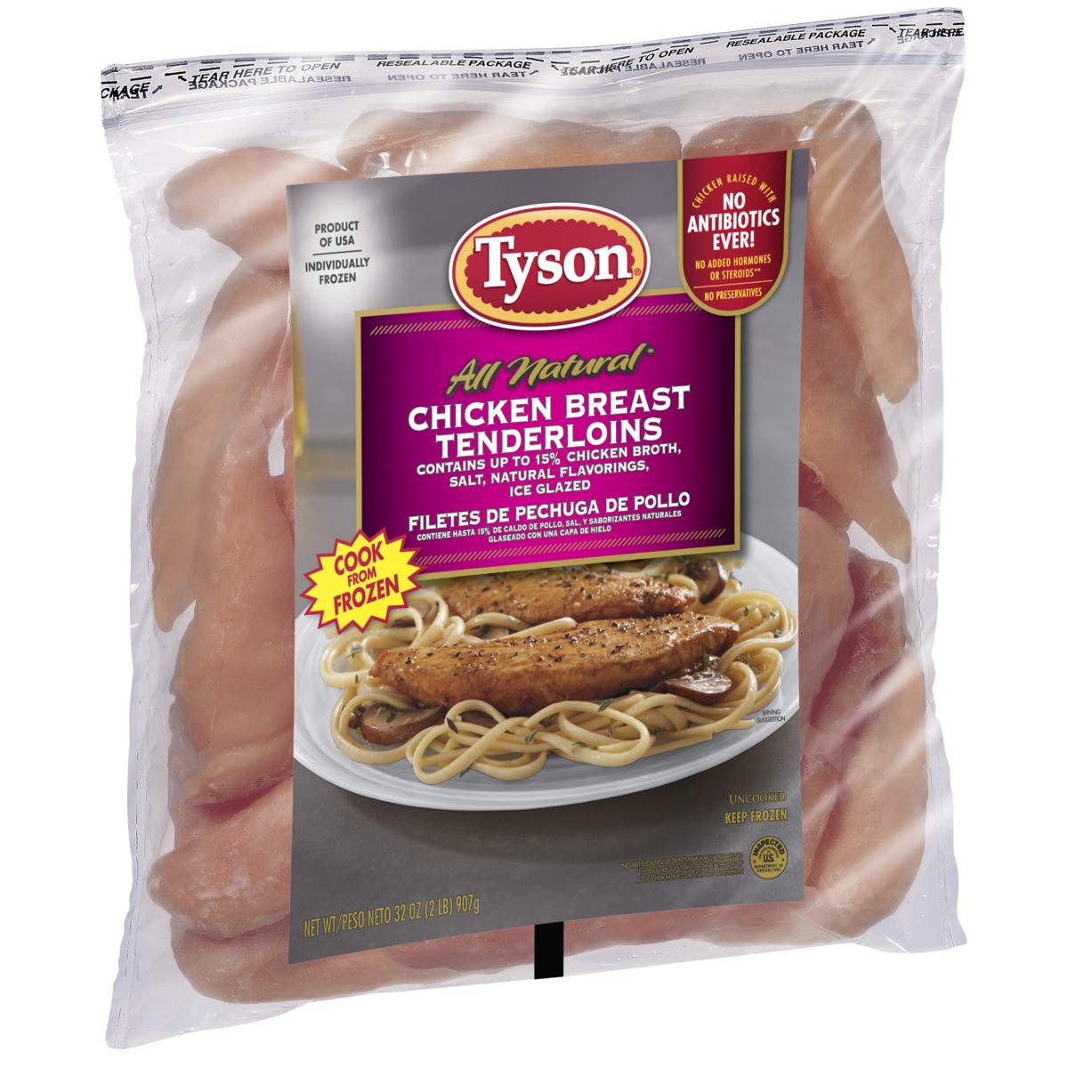 slide 2 of 5, Tyson Boneless Skinless Chicken Breast Tenderloins, 2 lb. (Frozen), 907.19 g
