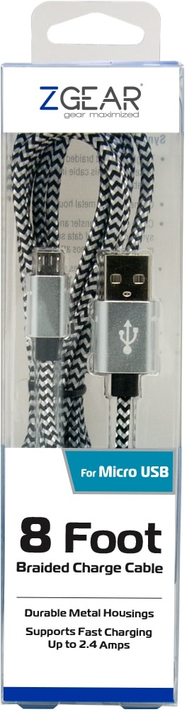 slide 1 of 1, Zgear Braided Micro Usb Charging Cable - Black/White, 8 ft