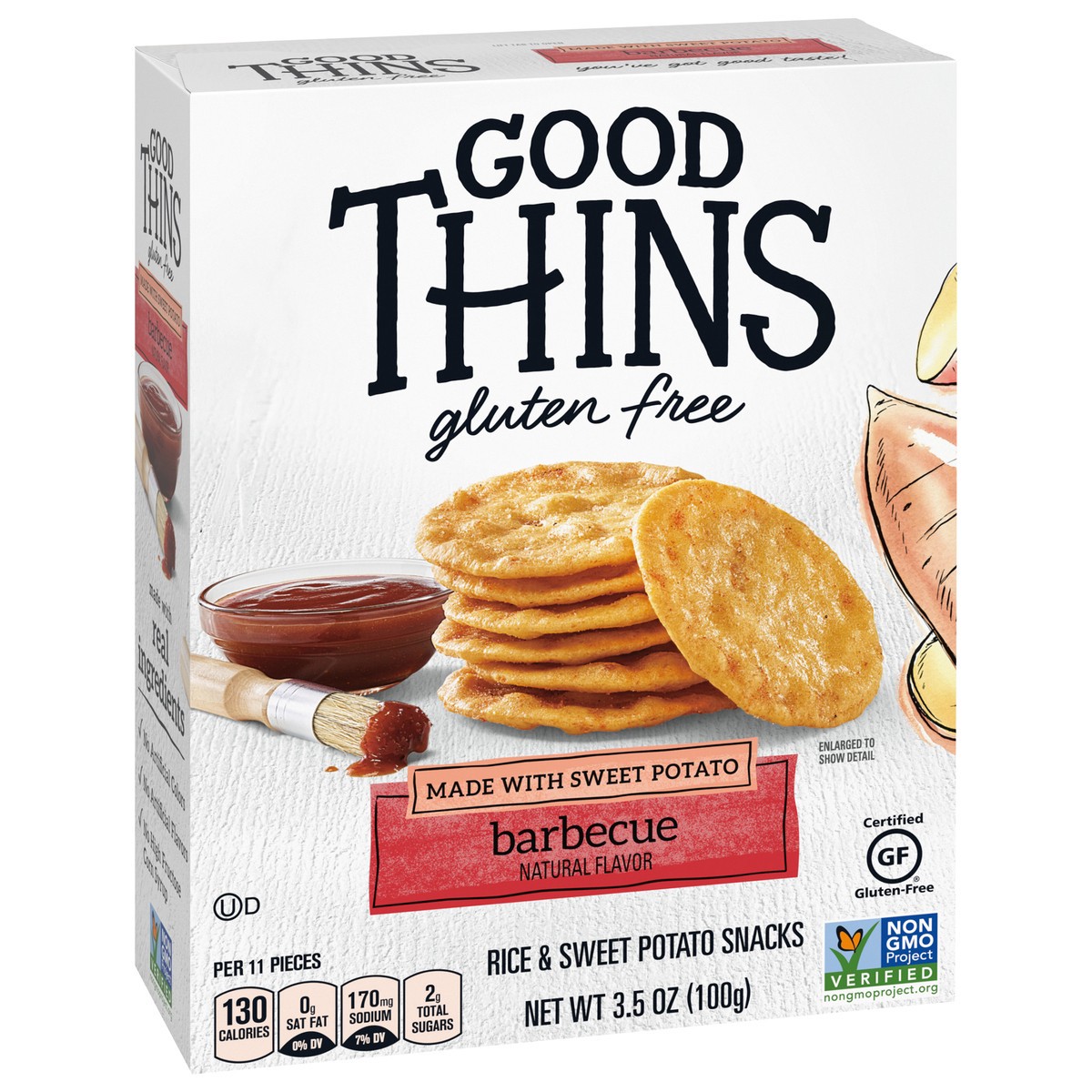 slide 2 of 9, GOOD THiNS Barbecue Rice & Sweet Potato Snacks Gluten Free Crackers, 3.5 oz, 3.5 oz