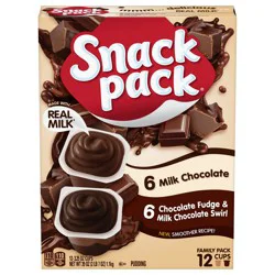 Snack Pack Milk Chocolate and Chocolate Fudge & Milk Chocolate Pudding, 3.25 oz Pudding Cups, 12 Count Family Pack