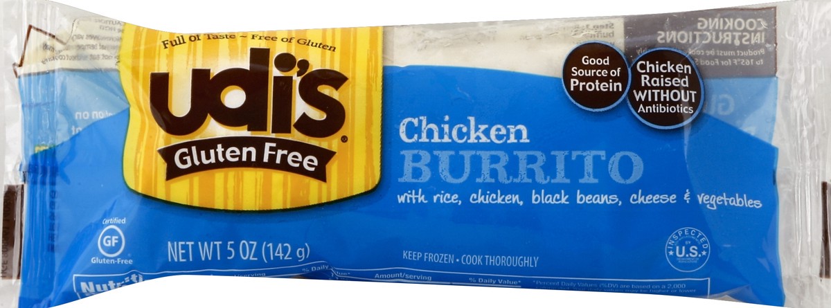 slide 5 of 5, Udi's Gluten Free Chicken Burrito With Rice, Black Beans, Cheese, And Vegetables, 5 oz
