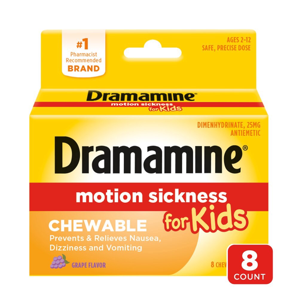 slide 1 of 2, Dramamine® Kids Motion Sickness Relief Dimenhydrinate Grape Chewable Tablets, 8 ct