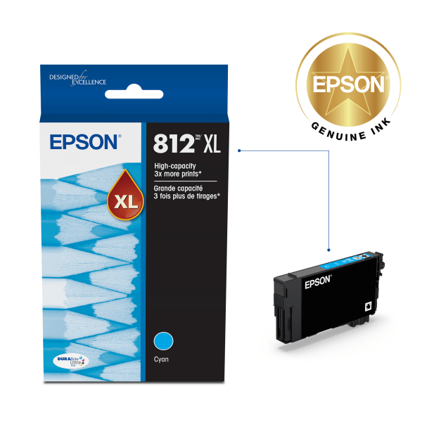 slide 4 of 5, Epson Durabrite High Yield Cyan Ink Cartridge, T812Xl220-S, 812xl, 1 ct