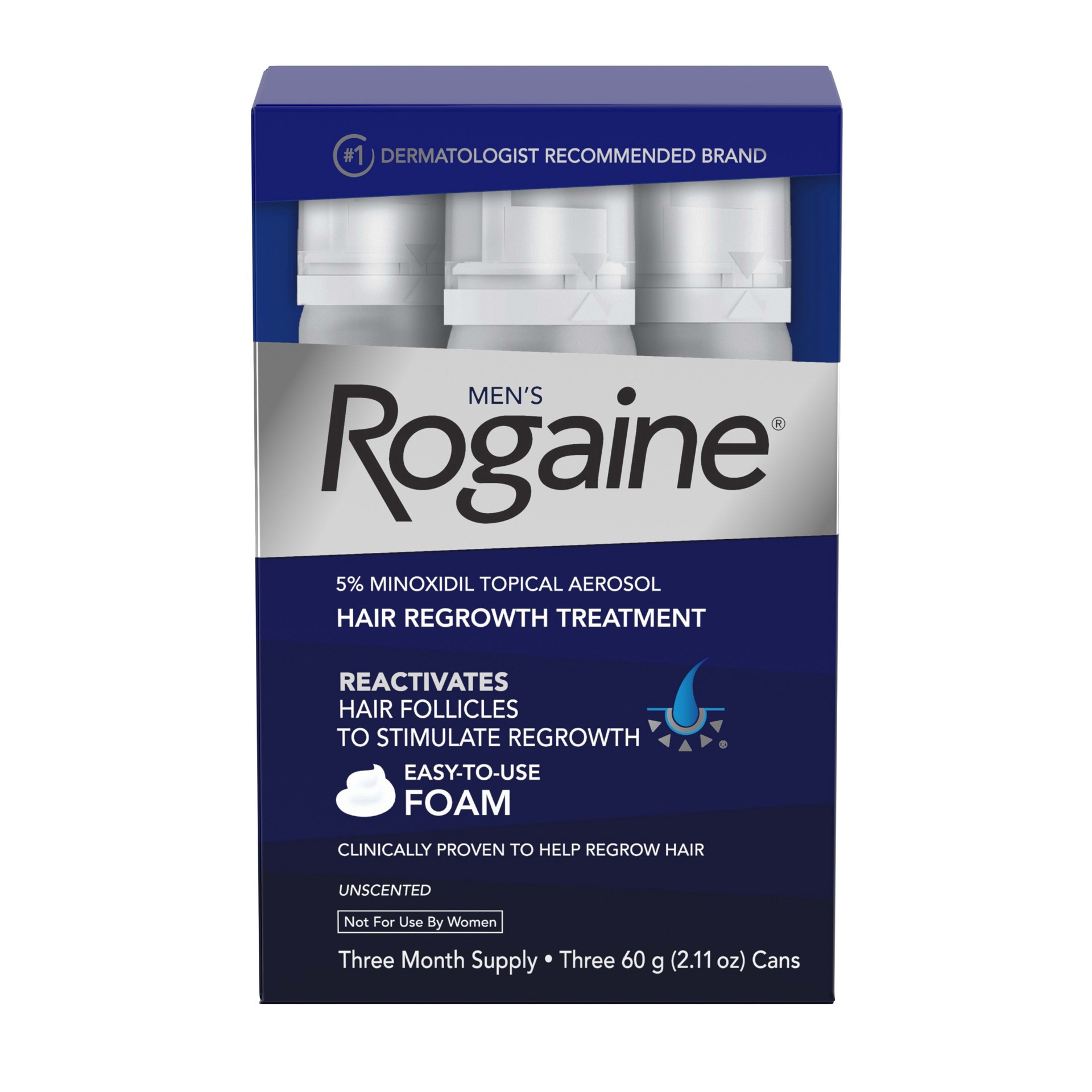 slide 1 of 9, Rogaine Men's Rogaine 5% Minoxidil Foam for Hair Loss & Hair Regrowth, Topical Hair Growth Treatment for Thin or Thinning Hair, Unscented Minoxidil Foam for Men, 3-Month Supply, 3 x 2.11 oz, 3 ct; 2.11 fl oz