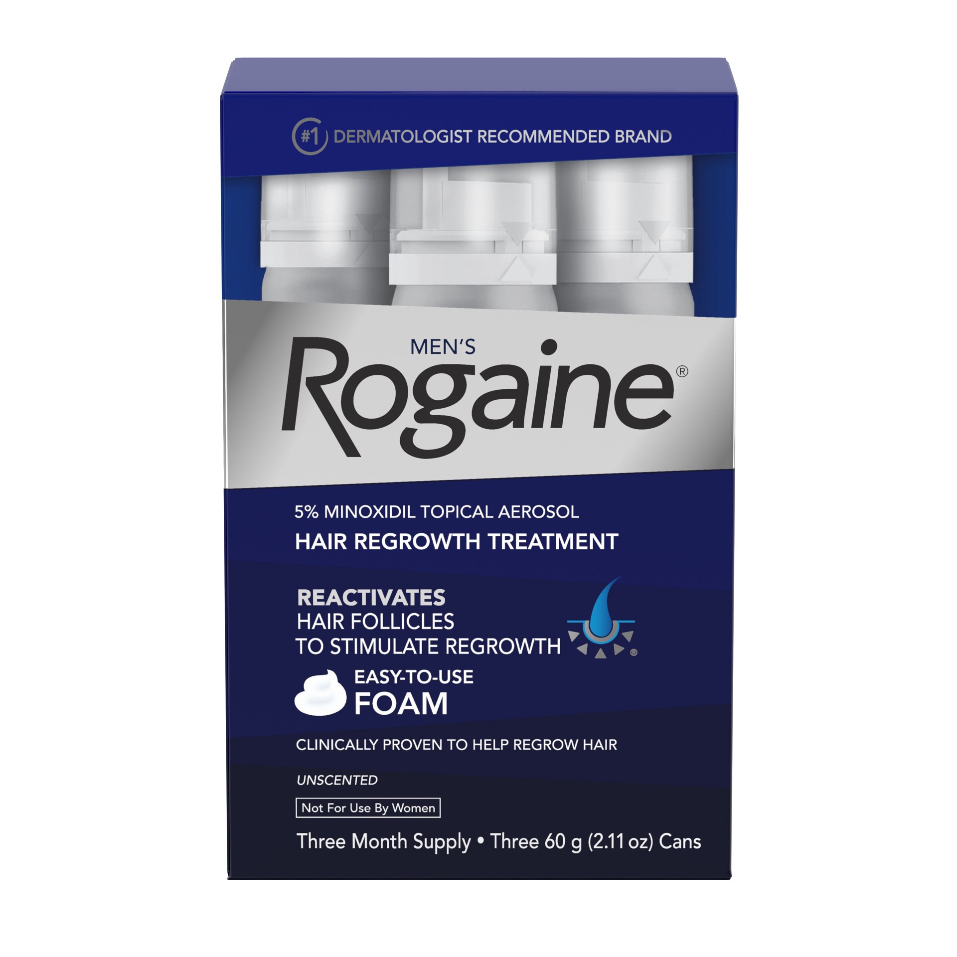 slide 5 of 9, Rogaine Men's Rogaine 5% Minoxidil Foam for Hair Loss & Hair Regrowth, Topical Hair Growth Treatment for Thin or Thinning Hair, Unscented Minoxidil Foam for Men, 3-Month Supply, 3 x 2.11 oz, 3 ct; 2.11 fl oz