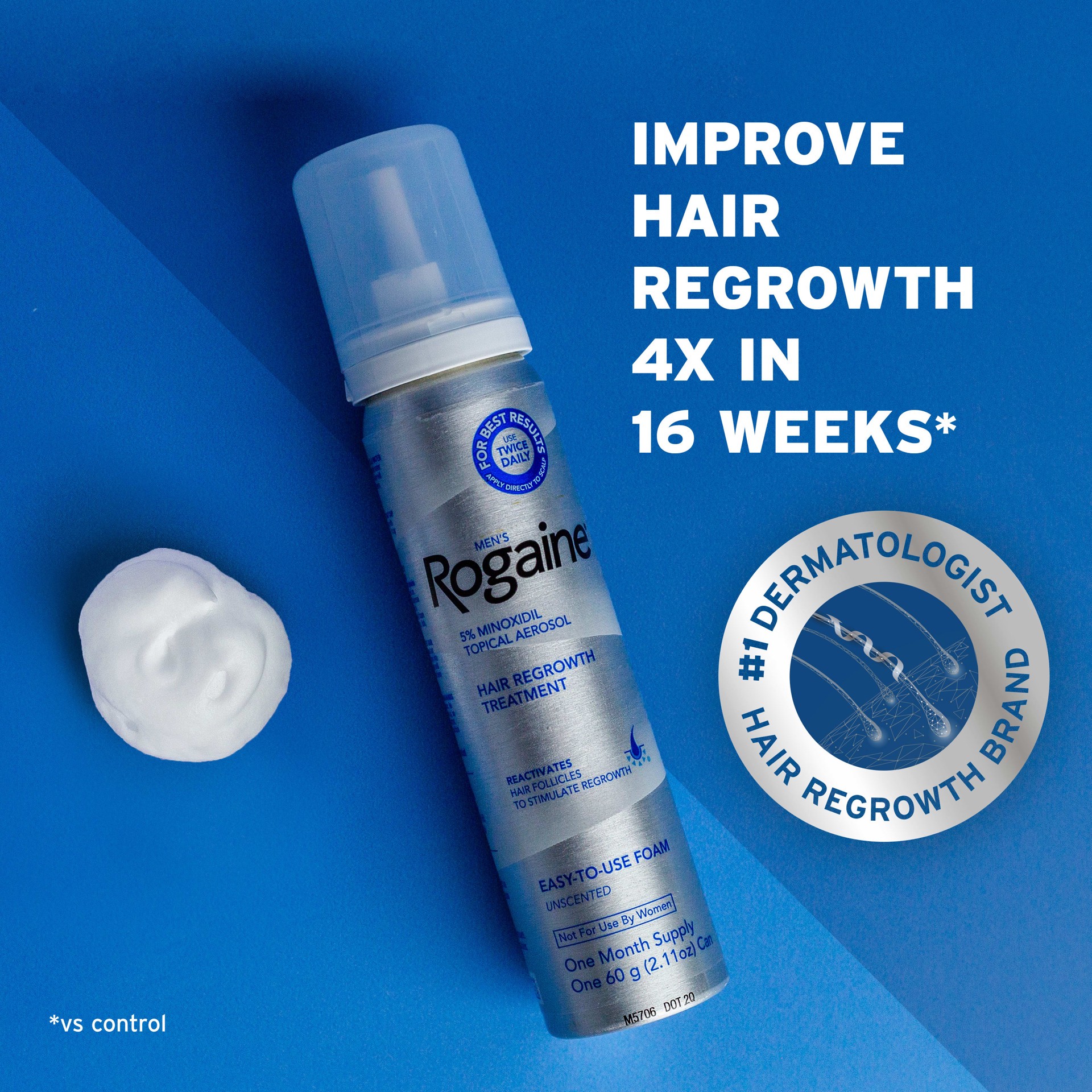 slide 6 of 9, Rogaine Men's Rogaine 5% Minoxidil Foam for Hair Loss & Hair Regrowth, Topical Hair Growth Treatment for Thin or Thinning Hair, Unscented Minoxidil Foam for Men, 3-Month Supply, 3 x 2.11 oz, 3 ct; 2.11 fl oz