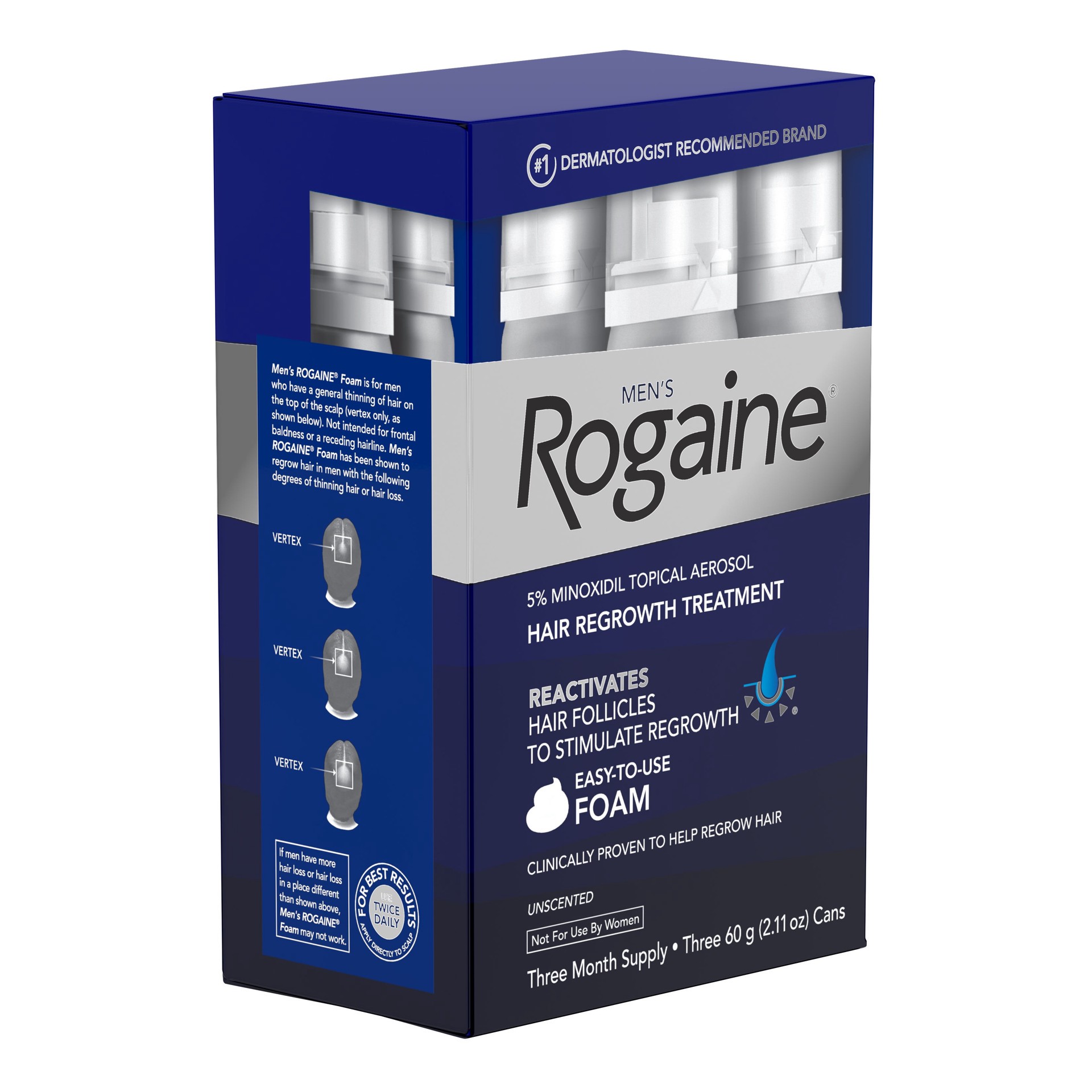 slide 7 of 9, Rogaine Men's Rogaine 5% Minoxidil Foam for Hair Loss & Hair Regrowth, Topical Hair Growth Treatment for Thin or Thinning Hair, Unscented Minoxidil Foam for Men, 3-Month Supply, 3 x 2.11 oz, 3 ct; 2.11 fl oz