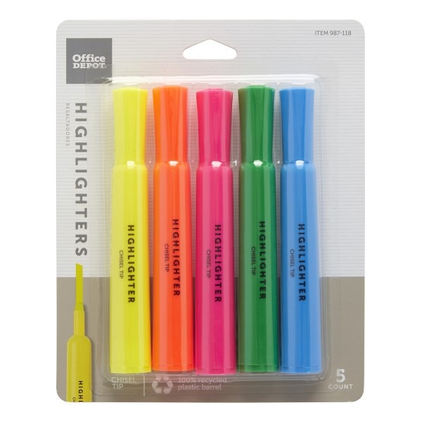 slide 1 of 7, Office Depot Brand Chisel-Tip Highlighters, Assorted Colors, Pack Of 5, 5 ct