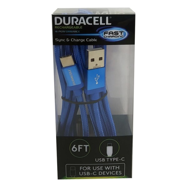 slide 1 of 1, Duracell Usb Type-C Cable, 6', Blue, Le2310, 1 ct