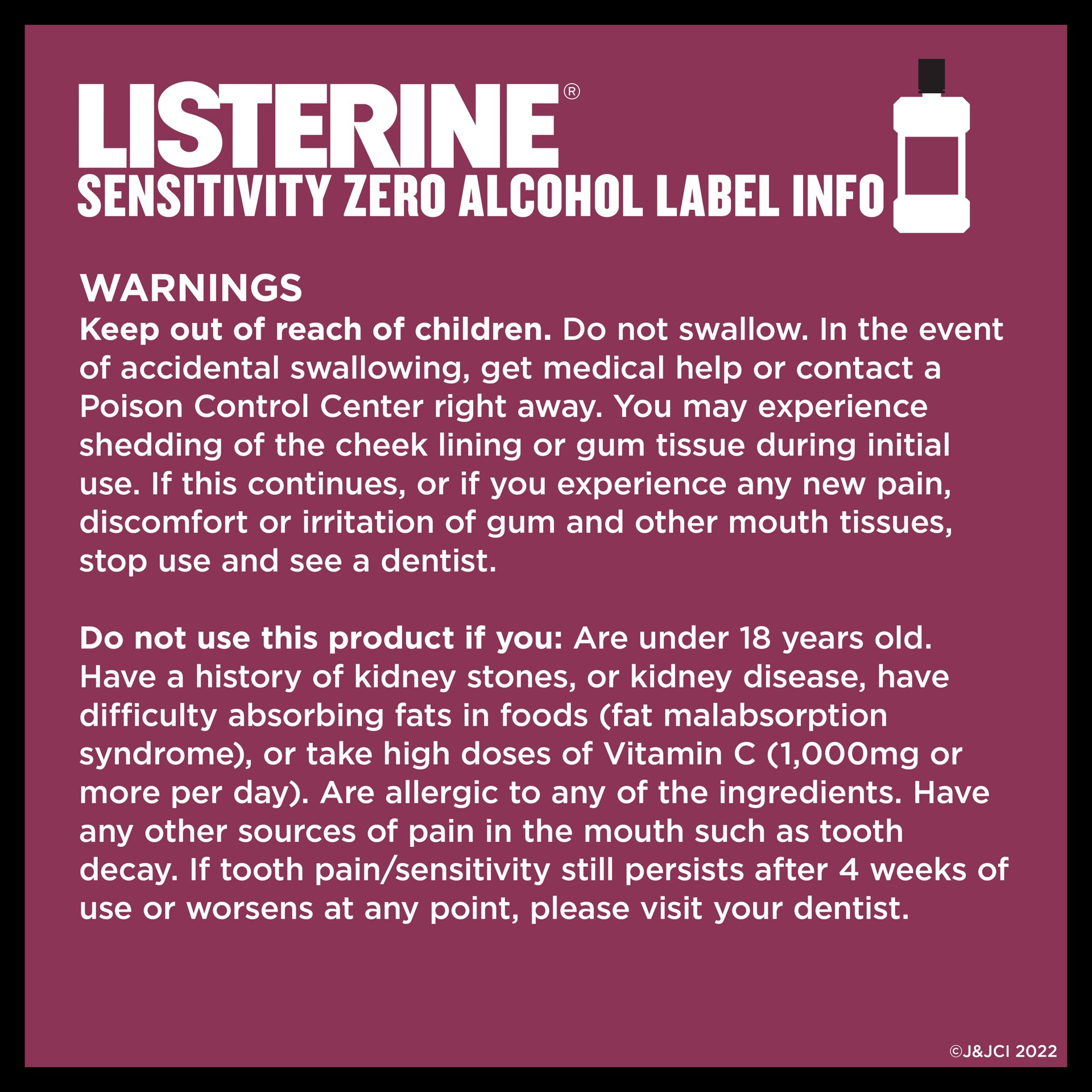 slide 8 of 9, Listerine Sensitivity Mouthwash, 24-HR Tooth Sensitivity Relief & Protection, Alcohol-Free Formula in Fresh Mint Flavor, TSA Compliant Travel-Sized Bottle, 3.2 fl. oz, 1 ct