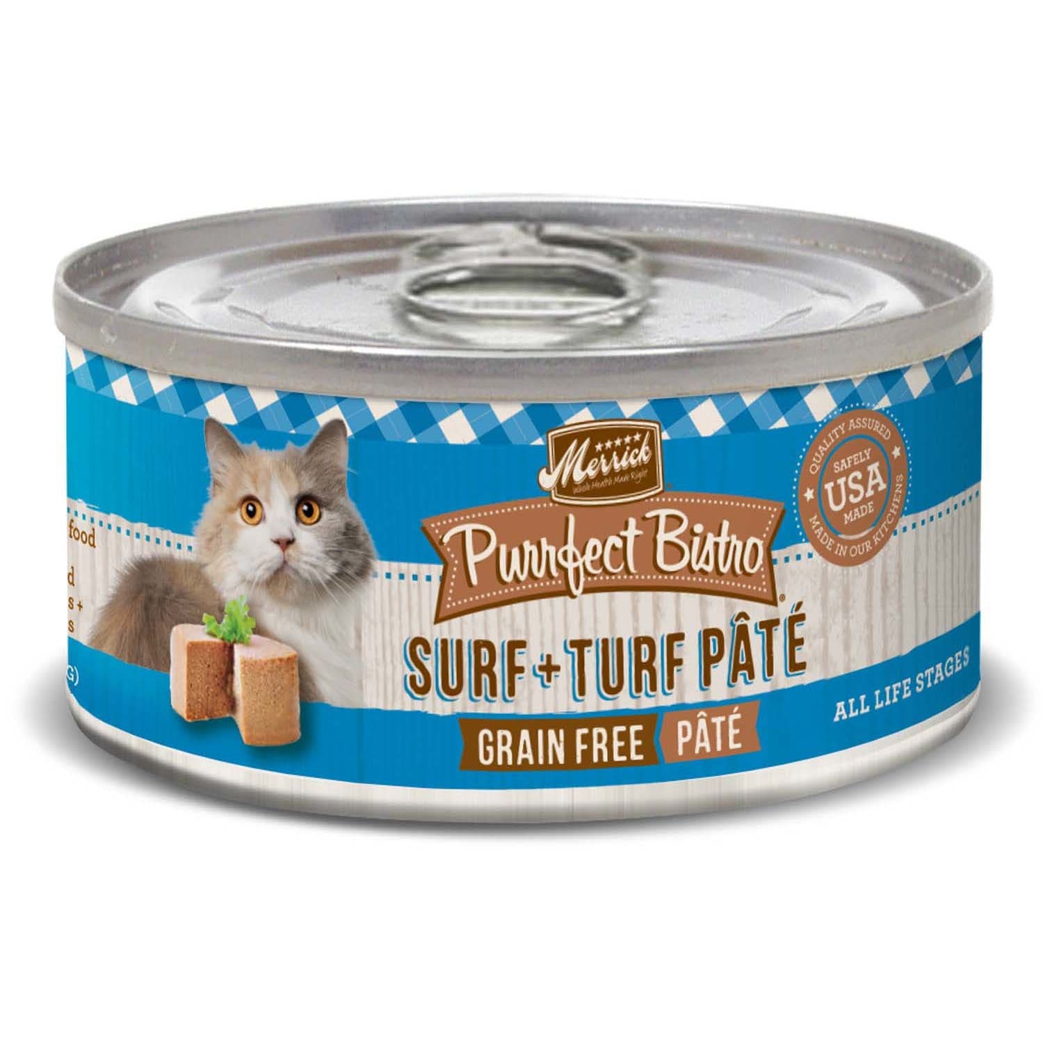 slide 1 of 1, Merrick Purrfect Bistro Grain Free Surf & Turf Pate Canned Cat Food, 5.5 oz