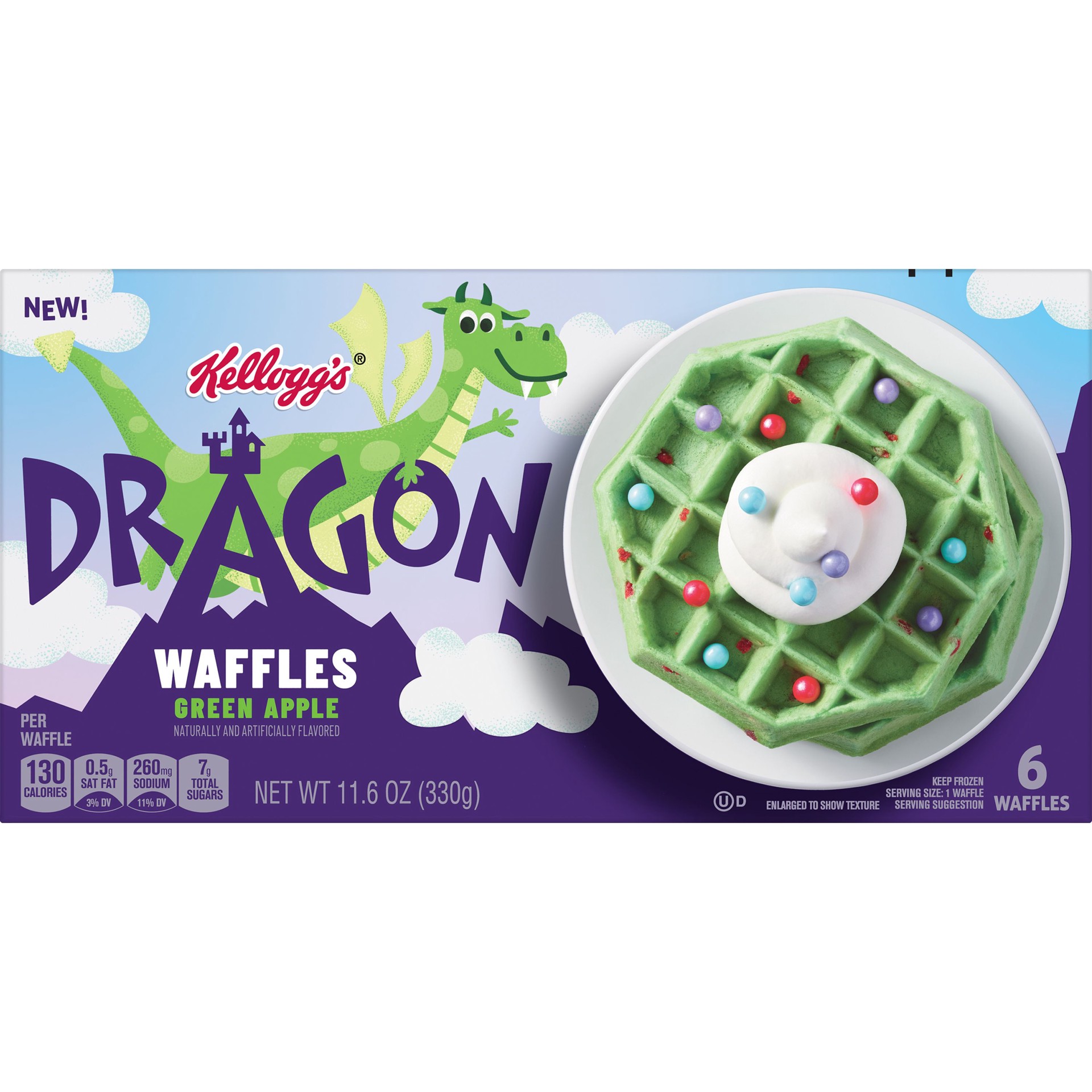 slide 4 of 5, Kellogg's Dragon Frozen Waffles, Frozen Breakfast, Toaster Waffles, Green Apple, 11.6oz Box, 6 Waffles, 11.6 oz