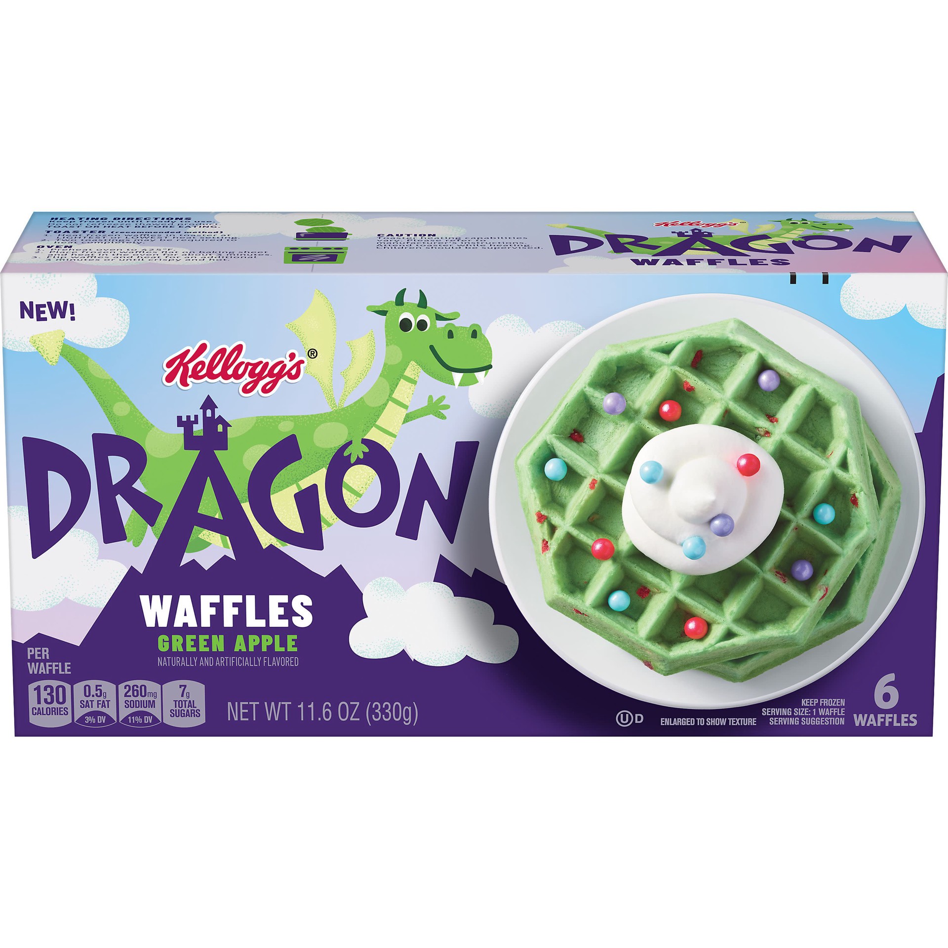 slide 1 of 5, Kellogg's Dragon Frozen Waffles, Frozen Breakfast, Toaster Waffles, Green Apple, 11.6oz Box, 6 Waffles, 11.6 oz