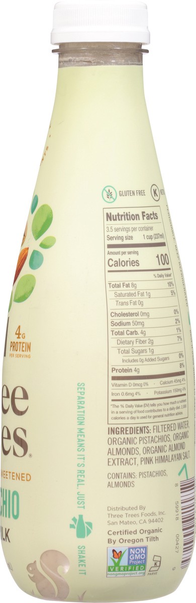 slide 7 of 12, Three Trees Organic Unsweetened Pistachio Almond Milk 28 fl oz, 28 fl oz