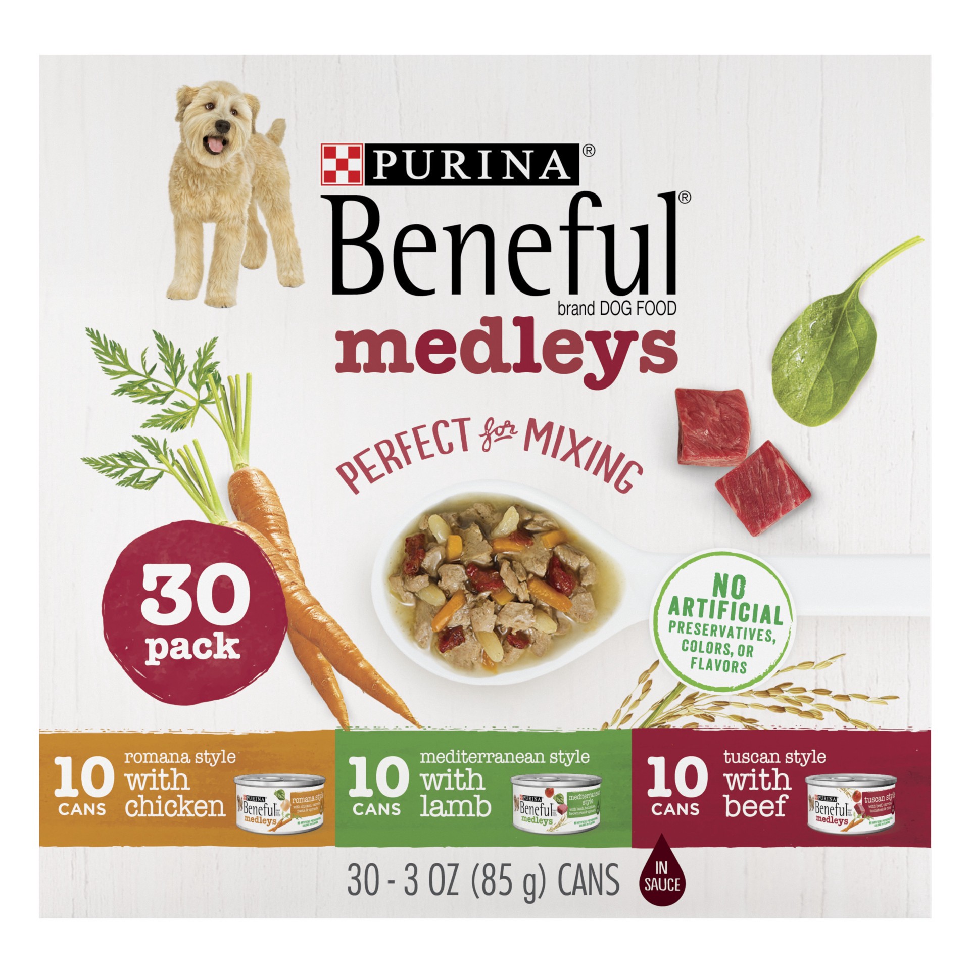 slide 1 of 9, Purina Beneful Medleys Romana, Mediterranean & Tuscan Style with Chicken, Lamb and Beef Flavors Wet Dog Food - 3oz/30ct Variety Pack, 30 ct; 3 oz