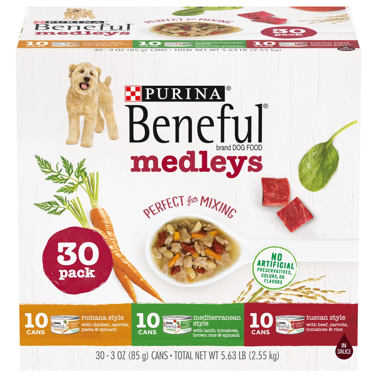 slide 1 of 9, Beneful Purina Beneful Wet Dog Food Variety Pack, Medleys Tuscan, Romana & Mediterranean Style - (30) 3 oz. Cans, 30 ct