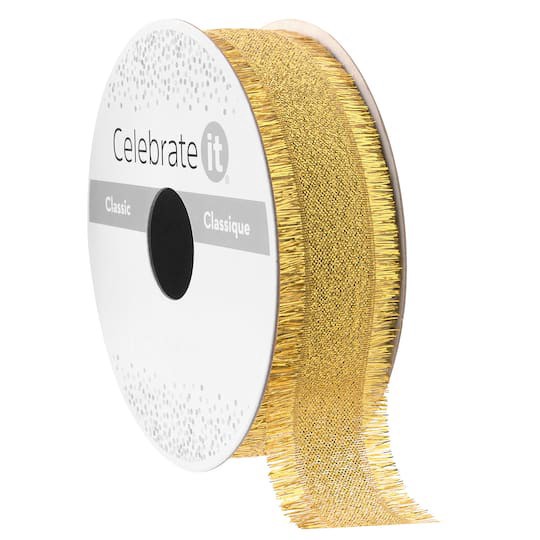 slide 1 of 2, 7/8" X 5yd. Gold Metallic Fringe Ribbon By Celebrate It Classic, 7/8 in x 5 yd
