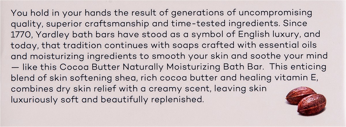 slide 4 of 11, Yardley London Nourishing Bath Soap Bar Cocoa Butter, Helps Soften Dry Skin with Pure Cocoa Butter, Shea Butter & Vitamin E, 4.0 oz Bath Bar, 1 Soap Bar, 4 oz