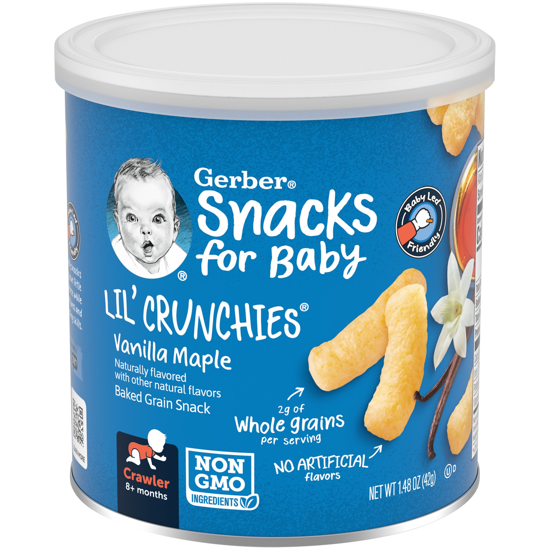 slide 1 of 5, Gerber Snacks for Baby Lil Crunchies Baked Grain Vanilla Maple, 1.48 oz Canister, 1.48 oz