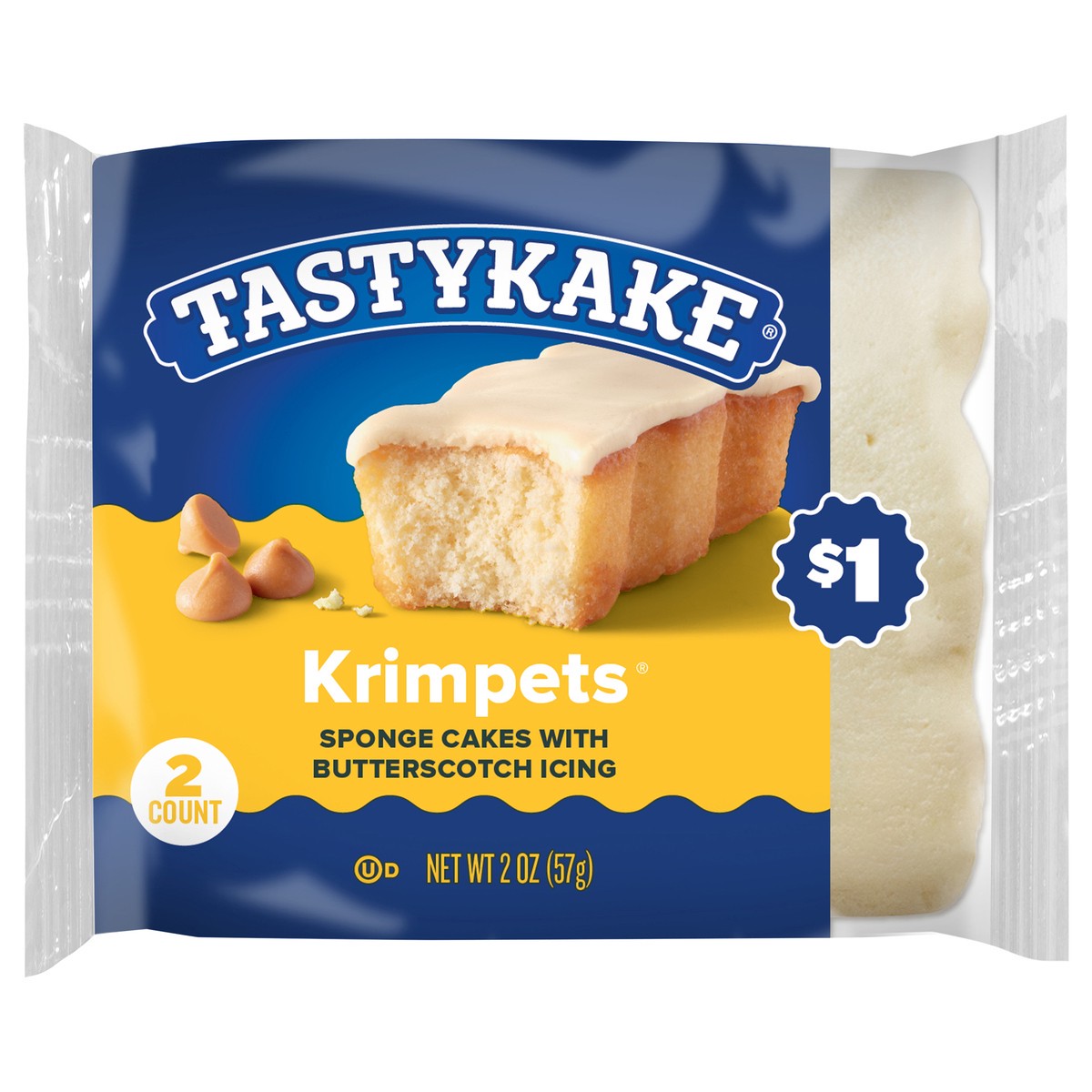 slide 1 of 7, Tastykake Butterscotch Krimpets, Sponge Cakes with Butterscotch Icing, 2 oz, 2 Count, 2 ct