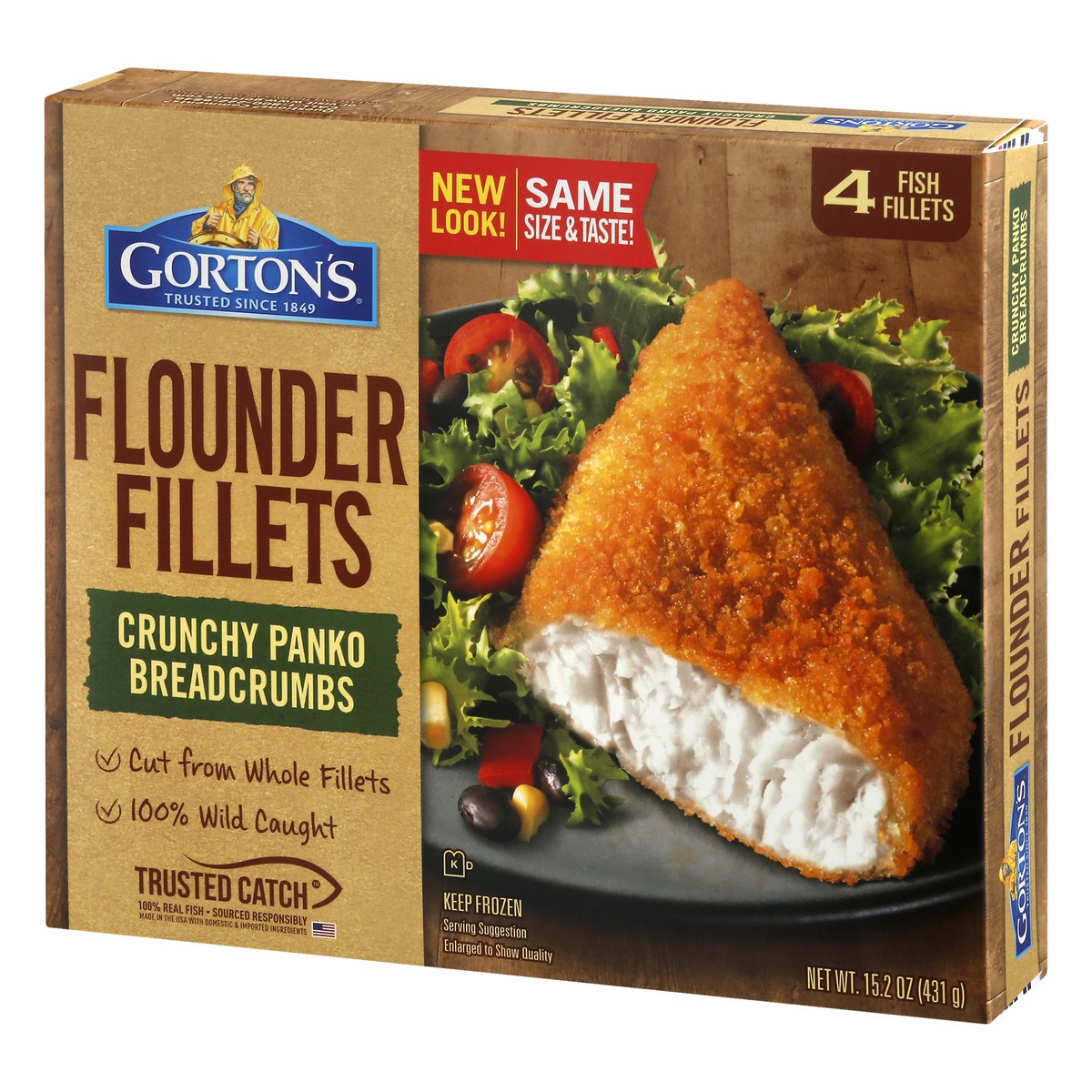 slide 3 of 10, Gorton's Gorton''s Breaded Fish Fillets Cut from Whole Fillets, Wild Caught Flounder with Crunchy Panko Breadcrumbs, Frozen, 4 Count, 15.2 Ounce Package, 4 ct