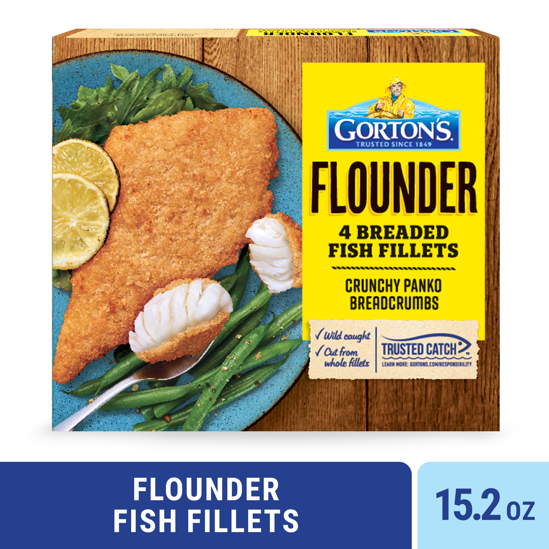 slide 1 of 10, Gorton's Gorton''s Breaded Fish Fillets Cut from Whole Fillets, Wild Caught Flounder with Crunchy Panko Breadcrumbs, Frozen, 4 Count, 15.2 Ounce Package, 4 ct