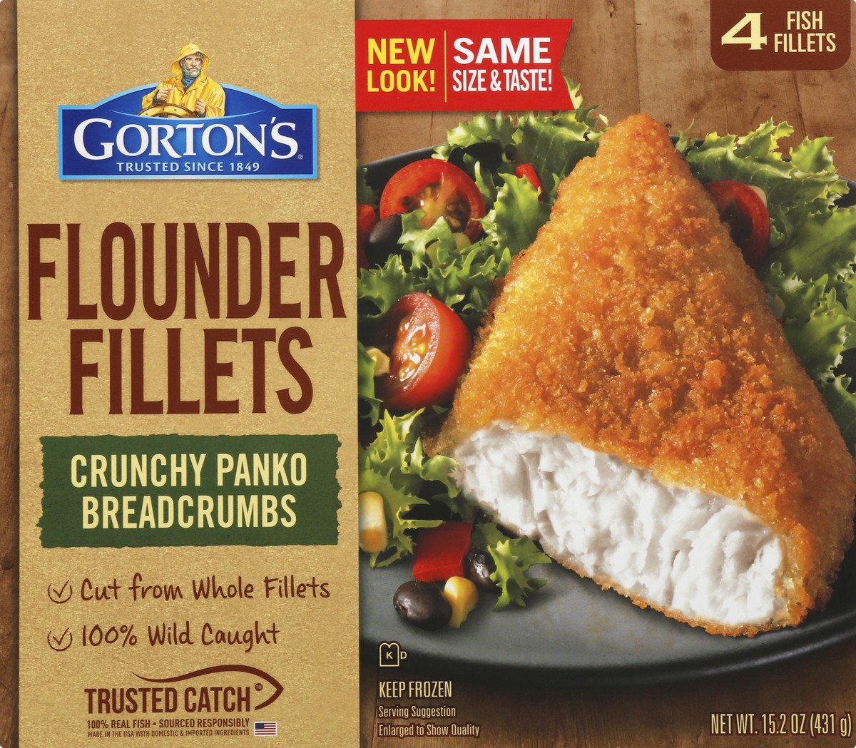 slide 8 of 10, Gorton's Gorton''s Breaded Fish Fillets Cut from Whole Fillets, Wild Caught Flounder with Crunchy Panko Breadcrumbs, Frozen, 4 Count, 15.2 Ounce Package, 4 ct