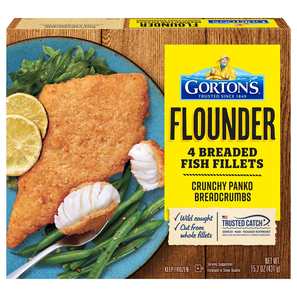 slide 1 of 10, Gorton's Gorton''s Breaded Fish Fillets Cut from Whole Fillets, Wild Caught Flounder with Crunchy Panko Breadcrumbs, Frozen, 4 Count, 15.2 Ounce Package, 4 ct