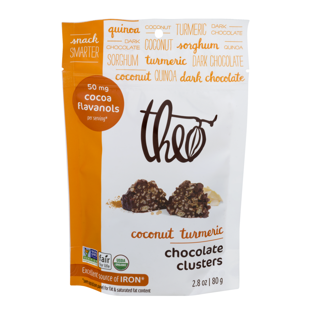 slide 1 of 1, Theo Coconut Turmeric Chocolate Clusters, 2.8 oz