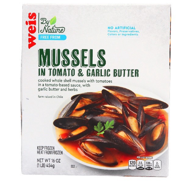 slide 1 of 1, Weis by Nature Frozen, Farm Raised Mussels in Tomato, Butter, and Garlic Sauce, 1 lb