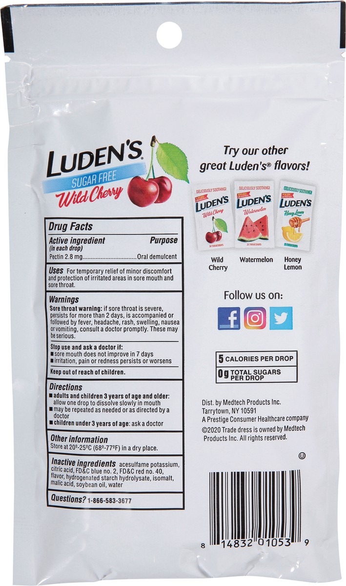 slide 6 of 10, Luden's Sore Throat Drops, For Minor Sore Throat Relief, Sugar Free Wild Cherry, 25 Count, 25 ct