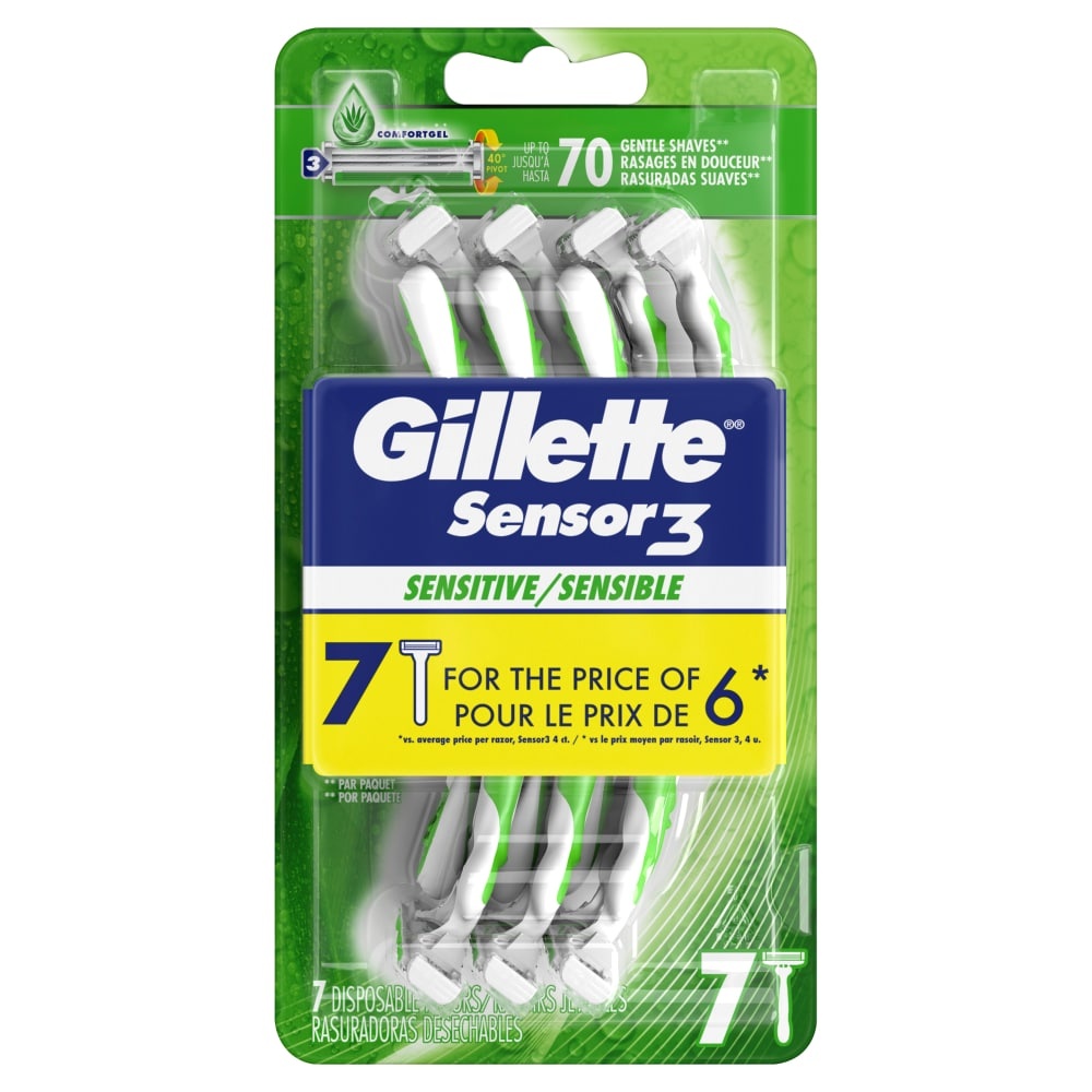 slide 1 of 1, Gillette Sensor3 Sensitive Disposable Razors, 7 ct