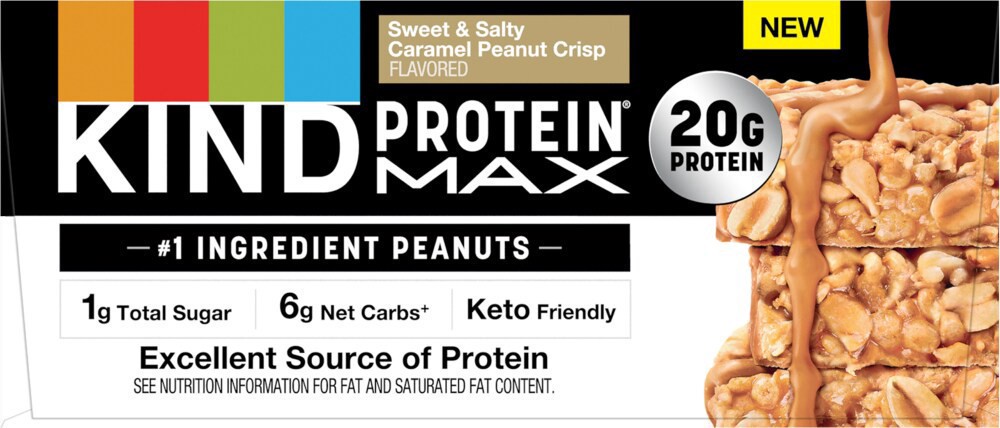 slide 3 of 3, KIND Protein MAX Sweet & Salty Caramel Peanut Crisp Bars, 12 bars / 2.2 oz