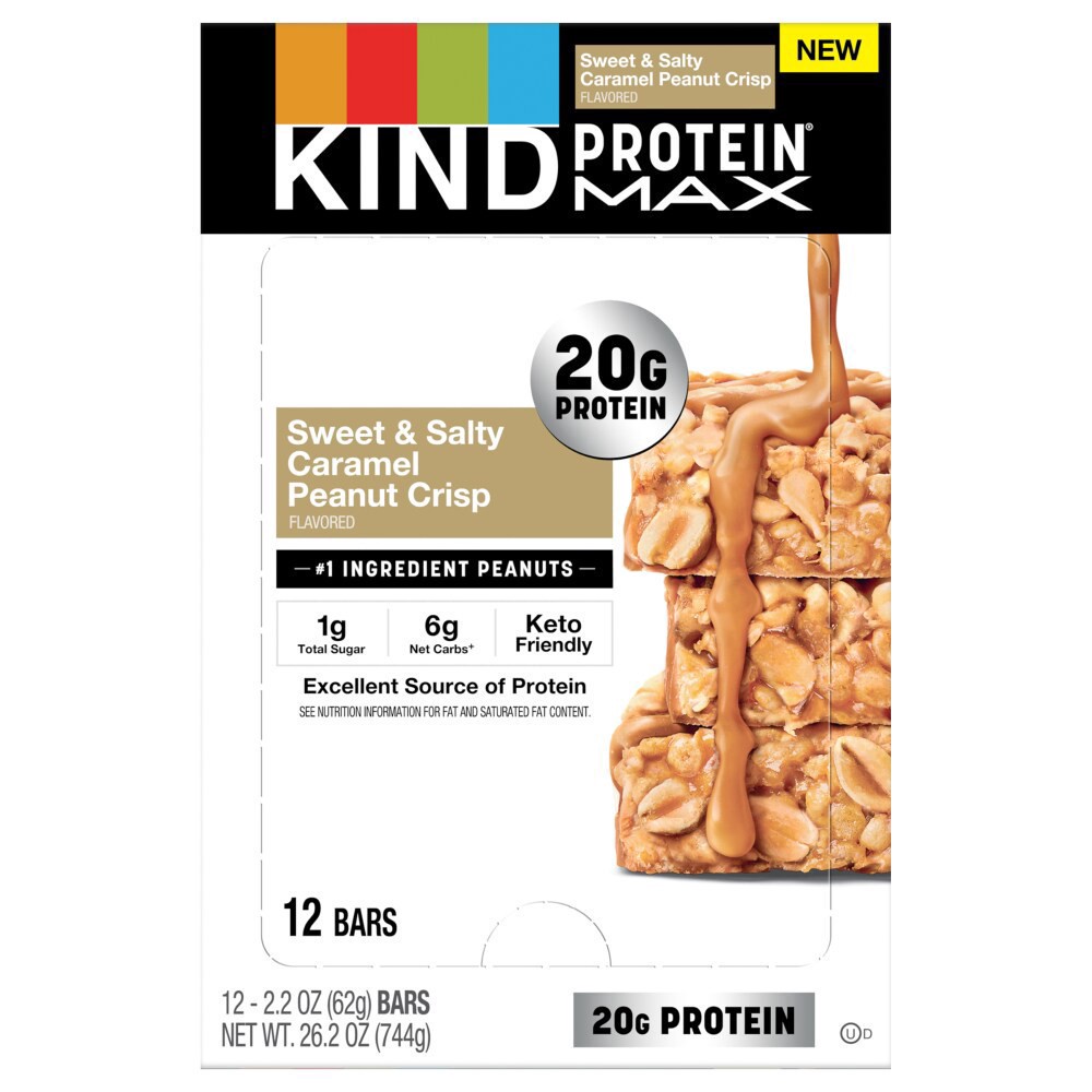 slide 1 of 3, KIND Protein MAX Sweet & Salty Caramel Peanut Crisp Bars, 12 bars / 2.2 oz