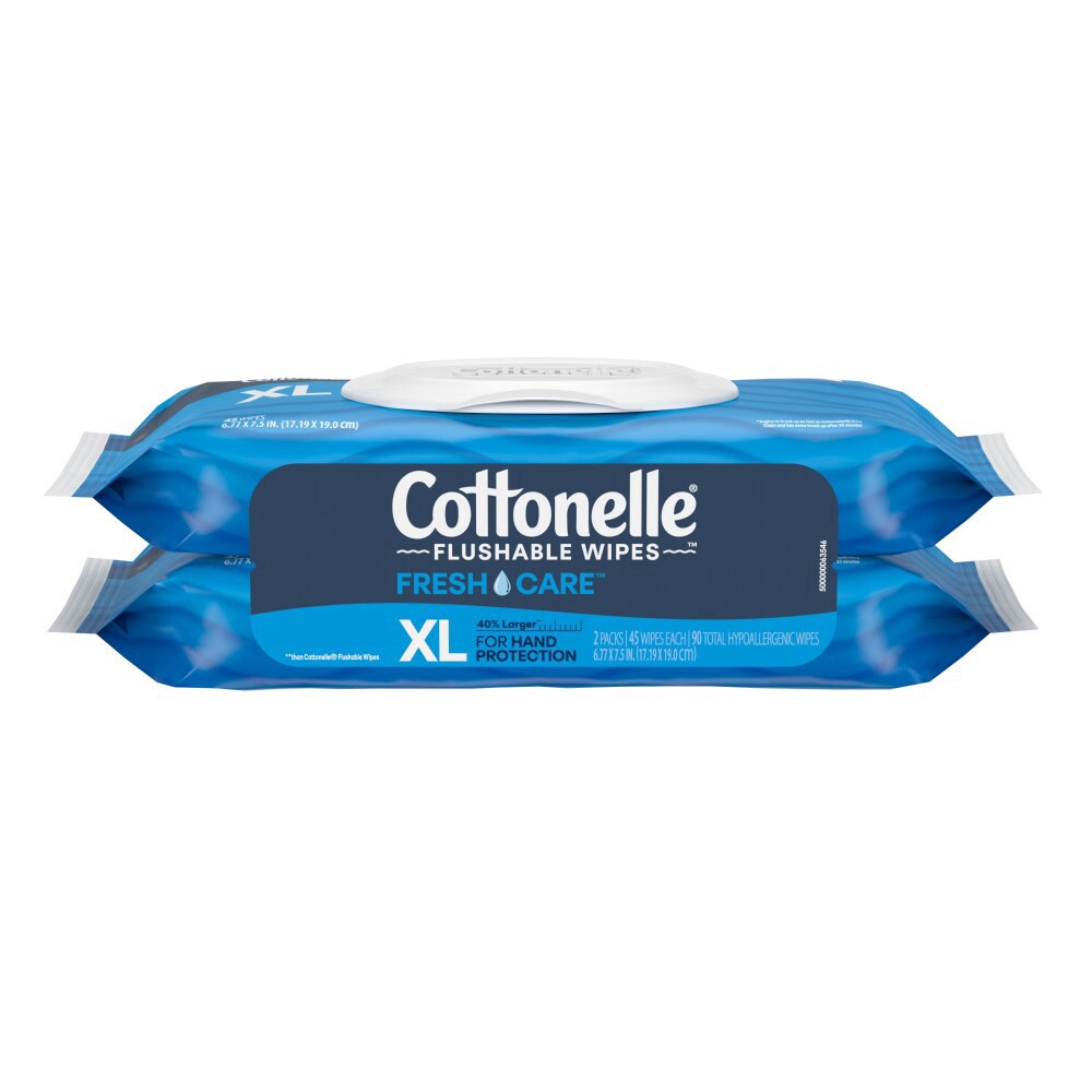 slide 1 of 1, Cottonelle XL Flushable Wet Wipes, Adult Wipes Large, 2 Flip-Top Packs, 45 Wipes Per Pack (90 Total Wipes), 2 ct