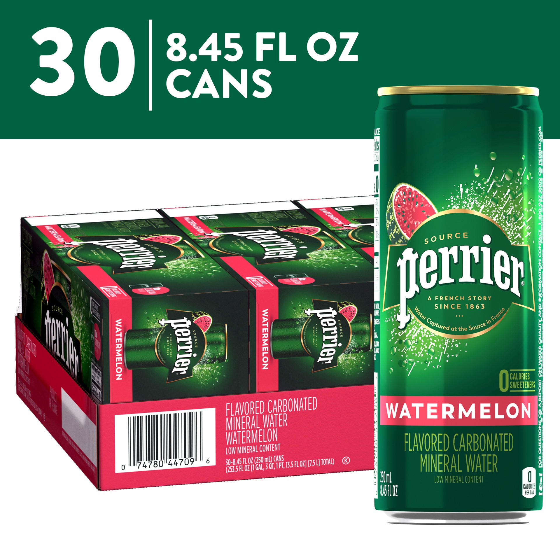 slide 1 of 3, Perrier Watermelon Flavored Sparkling Water, 8.45 FL OZ Slim Cans (30 Count), 253.50 oz