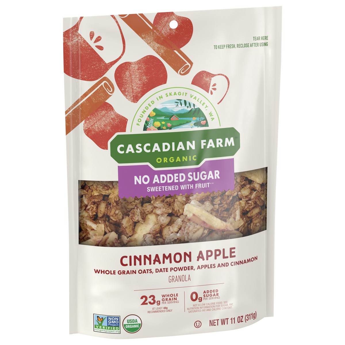 slide 6 of 9, Cascadian Farm Organic Granola with No Added Sugar, Cinnamon Apple Cereal, Resealable Pouch, 11 oz, 11 oz