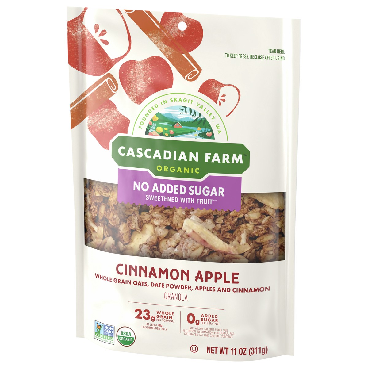 slide 5 of 9, Cascadian Farm Organic Granola with No Added Sugar, Cinnamon Apple Cereal, Resealable Pouch, 11 oz, 11 oz
