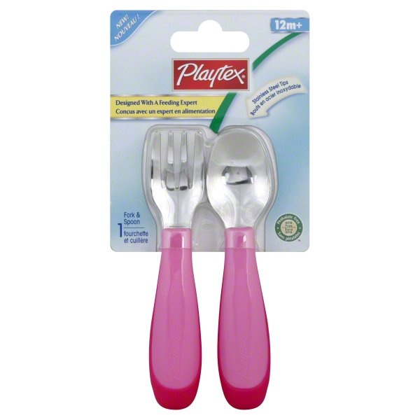 slide 1 of 1, Playtex Pink Mealtime Toddler Fork and Spoon Set, 2 ct