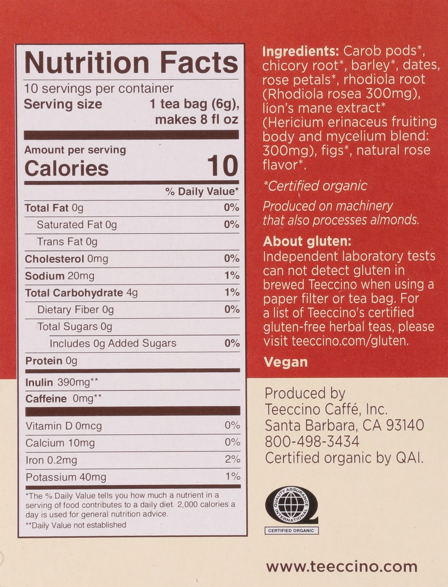 slide 6 of 13, Teeccino Rose Lion's Mane Rhodiola Mushroom Lion's Mane Rhodiola Herbal Tea 10 ea, 10 ct