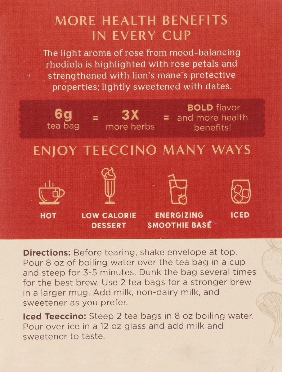 slide 9 of 13, Teeccino Rose Lion's Mane Rhodiola Mushroom Lion's Mane Rhodiola Herbal Tea 10 ea, 10 ct