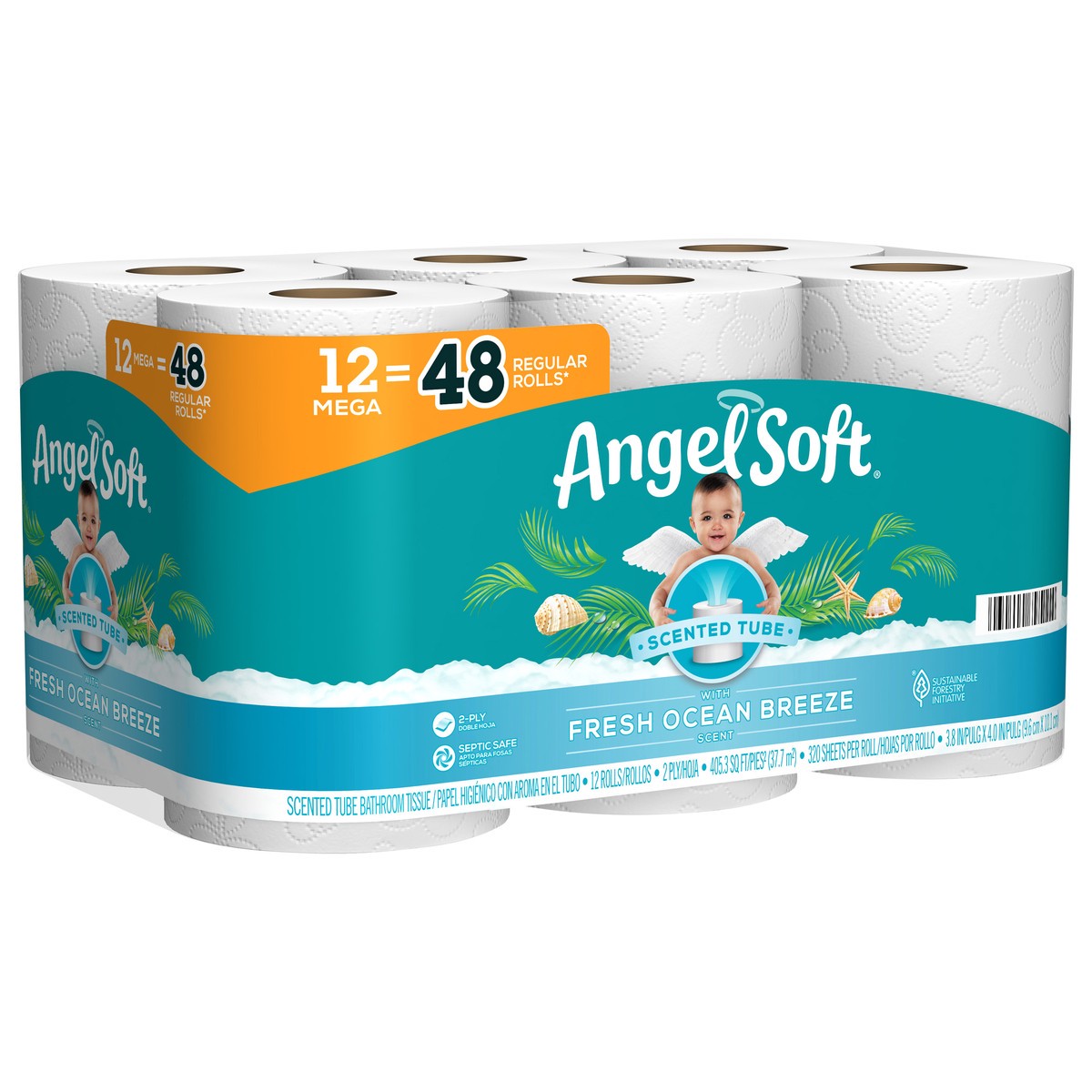 slide 3 of 6, Angel Soft Toilet Paper With Fresh Ocean Breeze Scented Tube, 12 Mega Rolls, 405.30 FTK