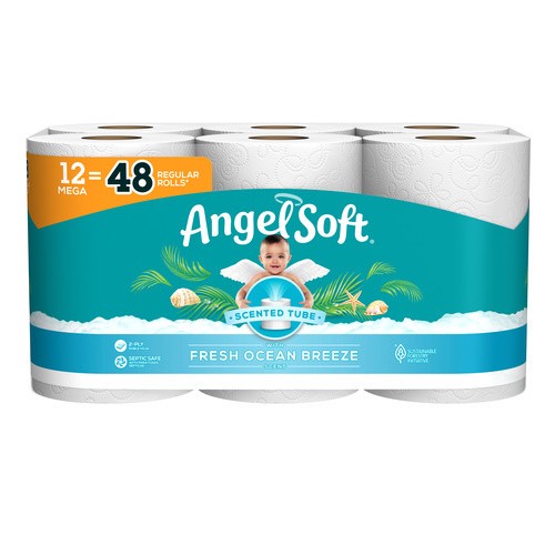 slide 1 of 6, Angel Soft Toilet Paper With Fresh Ocean Breeze Scented Tube, 12 Mega Rolls, 405.30 FTK