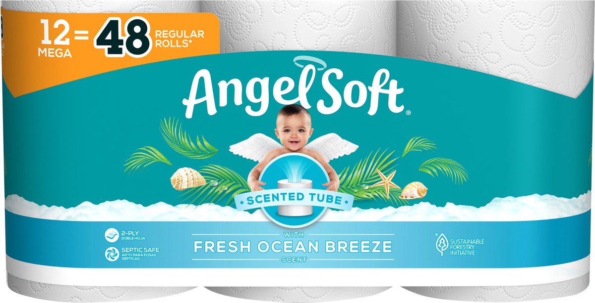 slide 5 of 6, Angel Soft Toilet Paper With Fresh Ocean Breeze Scented Tube, 12 Mega Rolls, 405.30 FTK