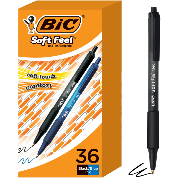 slide 4 of 9, BIC Soft Feel Ballpoint Retractable Pen- Black/Blue (36 Per Pack), 1 mm, 1 mm
